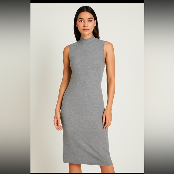 Boohoo Ribbed Sleeveless Mock Neck Gray Midi Dress Size US 12 - Picture 1 of 9